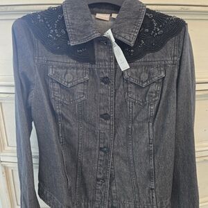 Chico's Dark Gray Denim Jacket with Embellished Collar